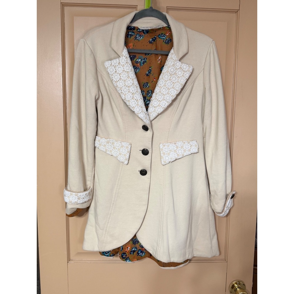 Nick & Mo Cream Lace Trim Floral Lined Blazer Jacket Cottagecore Vintage Style
